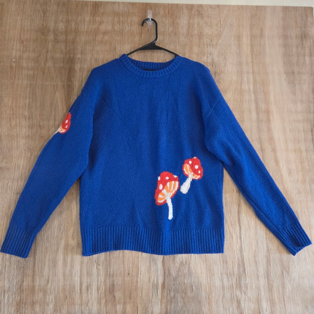 Blue Mushroom Graphic Crewneck Oversized Sweater Small Cozy Knit Top Forever 21